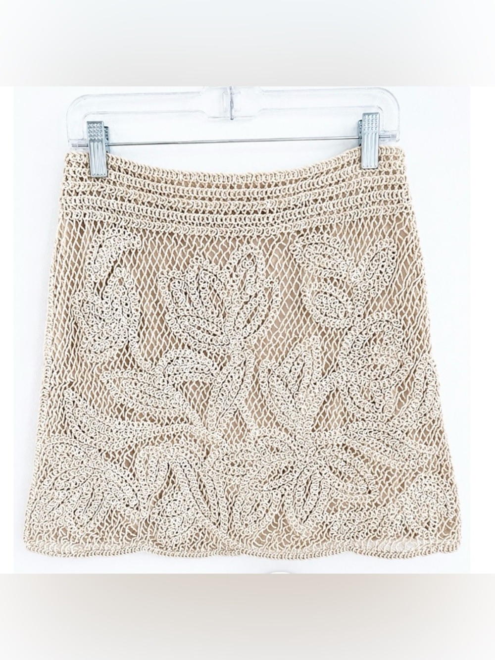 NWT Skies Are Blue Tan Cotton Blend Crochet Lace Mini Skirt Lined Size M - Picture 2 of 6